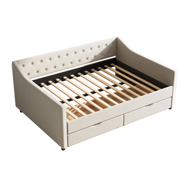 English Elm Full Size Upholstered Daybed With Storage Drawers - Elegant Tufted Sofa Bed In Beige For Versatility W2336S00034