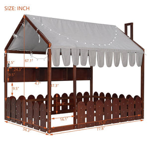 English Elm {slats Are Not Included} Twin Montessori House Floor Bed Kids Tent Lights Shelves Pinewood Frame Espresso N708P407963P