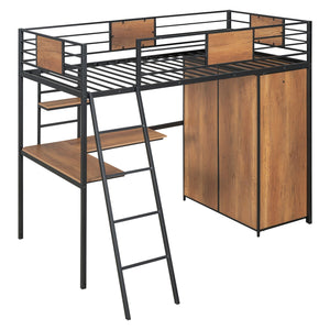 English Elm Twin Loft Bed with L-Shaped Desk and Wardrobe — Space-Saving Iron & Wood Design for Study & Storage Black SF000168AAB