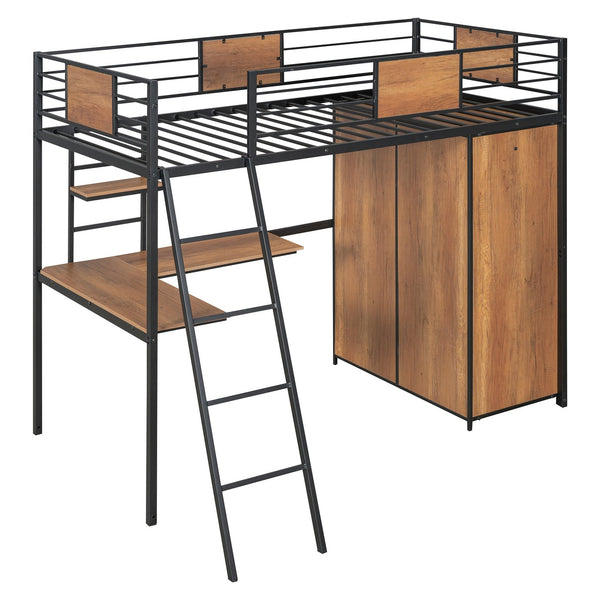 English Elm Twin Loft Bed with L-Shaped Desk and Wardrobe — Space-Saving Iron & Wood Design for Study & Storage Black SF000168AAB
