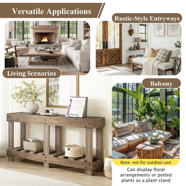 English Elm U_Style 62.9" Vintage Console Table - Solid Fir Wood, Antique Metal Rivets & Under-Shelf Storage Option N711P289135O-GIGA