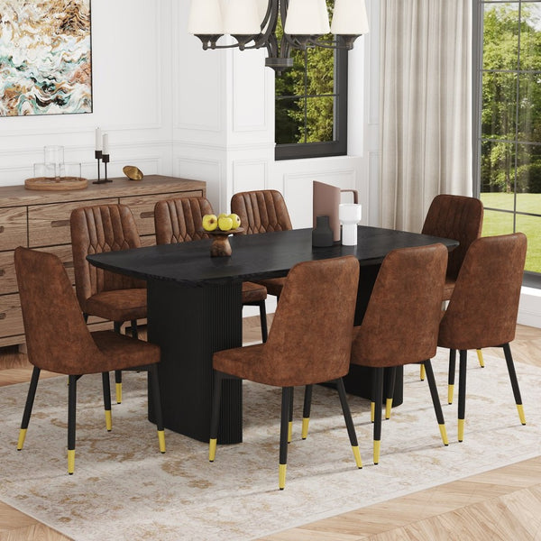 English Elm Table Set: Elegant Black Wood-Grain Dining Table With 8 Comfortable Brown Techno-Fabric Chairs W1151S04170-GIGA