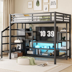 English Elm Full Size Metal Loft Bed With Integrated Tv Stand, Staircase & Wardrobe - Perfect For Kids & Teens! W2593S00012