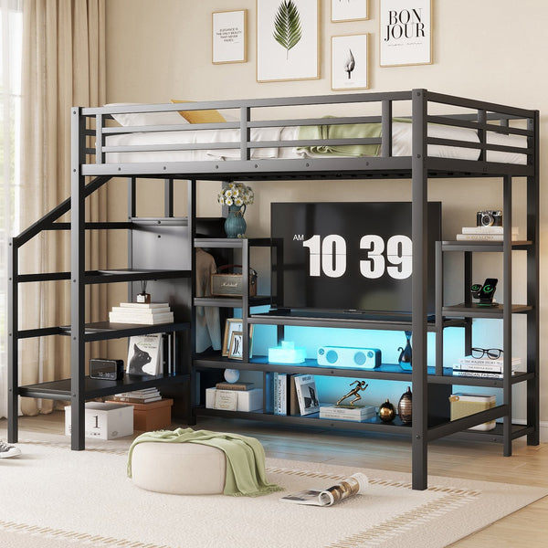 English Elm Full Size Metal Loft Bed With Integrated Tv Stand, Staircase & Wardrobe - Perfect For Kids & Teens! W2593S00012
