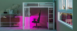 English Elm Full Metal Gaming Loft Bed with LED Lighting, Built-In Desk, Open Wardrobe and 3 Drawers for Space-Saving Comfort White GX001133AAK