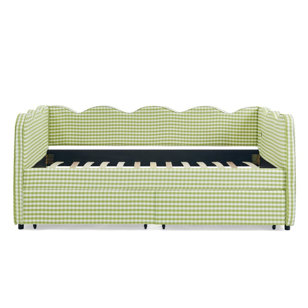English Elm Twin Gingham Linen Daybed with Wave Silhouette Usb Port and Dual Storage Drawers Green W1413S00143