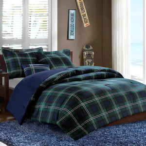 JLA Home Mi Zone - Comforter with Blue Green Plaid Face and Solid Reverse, Reversible Cabin Style Set with Pillow Protection 90 L x 86 W x 1H MZ10-099