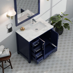 English Elm Navy Bathroom Vanity 36" W x 22" D with Right-Offset Carrara Top, Chrome Faucet, Soft-Close Storage B2731P259054