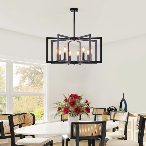 English Elm 27" Eight Light Matte Black Iron Geometric Chandelier for Dining and Living Spaces W1340P279980