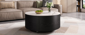 English Elm Modern Round Coffee Table with Sintered Stone Marble Top, Locking Casters, 2 Soft-Close Drawers, Space-Saving Design Black N735P328523B