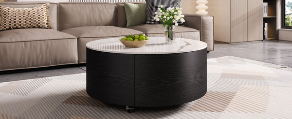English Elm Modern Round Coffee Table with Sintered Stone Marble Top, Locking Casters, 2 Soft-Close Drawers, Space-Saving Design Black N735P328523B