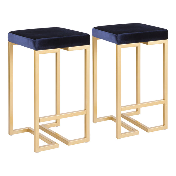 English Elm Midas 26" Contemporary-Glam Counter Stool with Gold Geometric Frame and Plush Velvet Seat, Set of 2 Blue B202P222391