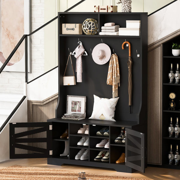 English Elm U-Can Entryway Bench with Coat Rack and Shoe Cabinet, 7 Hooks, Adjustable Shelves, Sturdy MDF Black N724P264668B