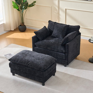 English Elm 39.4" Chenille Club Chair with Ottoman Solid Wood Frame for Living Room or Bedroom Black W3244P392667