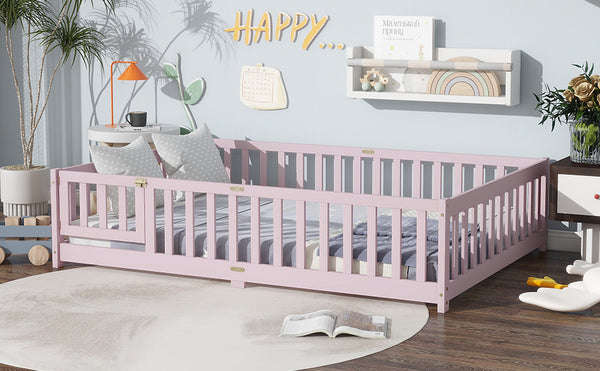 English Elm Full Size Floor Bed With Safety Guardrails – Stylish Pink Rubberwood Bed For Cozy, Secure Sleep W504P286383