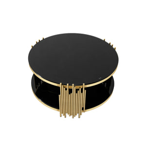 English Elm double double layer black tempered glass top round coffee table with gold stainless steel frame, versatile modern centerpiece for living room, office, or guest room W2723S00010