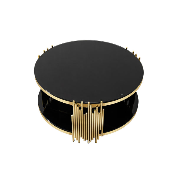English Elm double double layer black tempered glass top round coffee table with gold stainless steel frame, versatile modern centerpiece for living room, office, or guest room W2723S00010