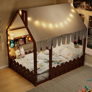 English Elm {slats Are Not Included} Twin Montessori House Floor Bed Kids Tent Lights Shelves Pinewood Frame Espresso N708P407963P