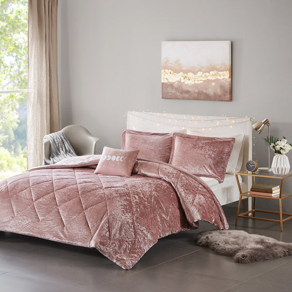 JLA Home Intelligent Design - Velvet Crushed Duvet Cover Set with Quilted Diamond Texture, Button Closure and Decorative Pillow Blush ID12-1971