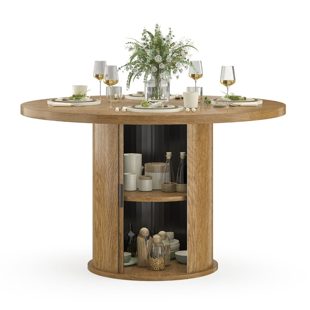 English Elm 43" Round Wood Dining Table with Geometric Metal Base Seats 4 Space Saving Modern Walnut T3623P433903