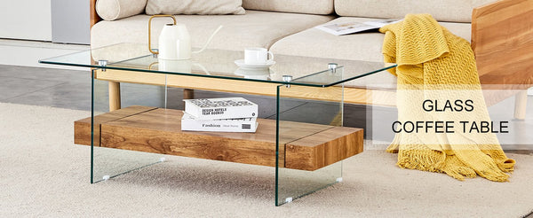 English Elm 40.3-inch Retro Double-Layer Coffee Table with Tempered Glass Shelves, Wood-Grain Finish, 250lb Capacity W1512P317685