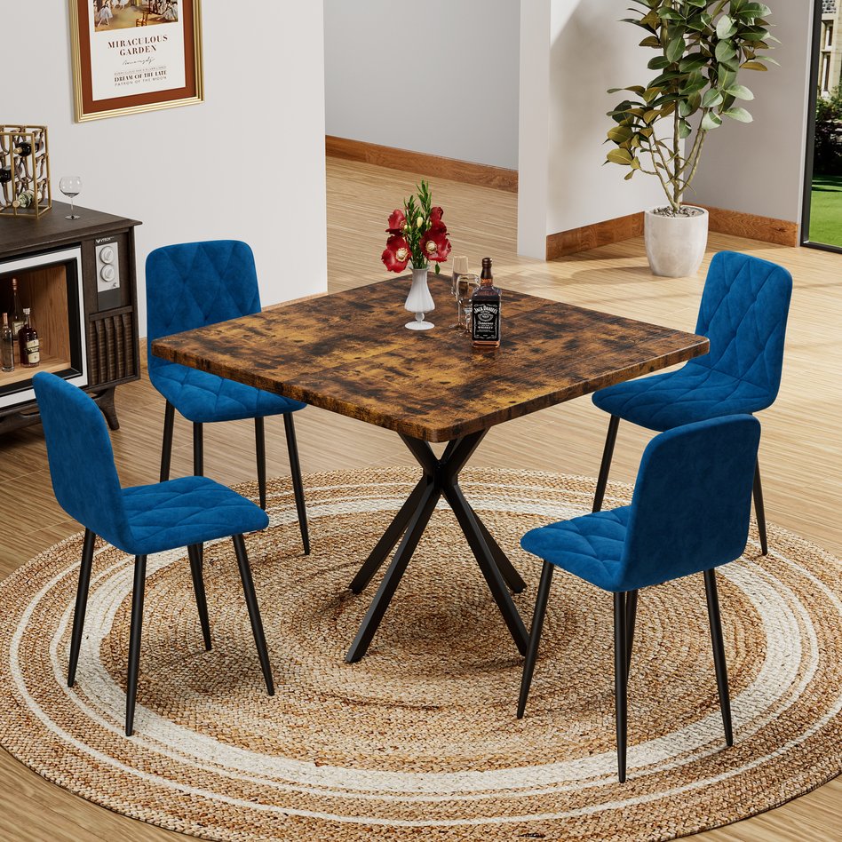 English Elm Square MDF Dining Set for 4 with Faux Marble Top, Mid-Century Modern Iron Legs, Easy-Clean Surface Brown+Blue W578S00030