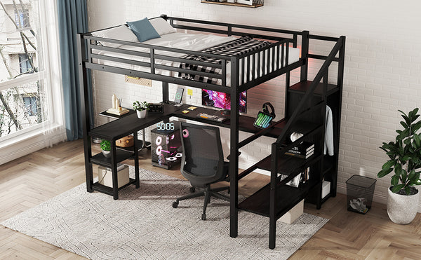 English Elm Metal Full Loft Bed with Wardrobe, LED, L-Desk & USB Ports — Space-Saving Full Size Bunk for Kids Teens Adults W2593S00008