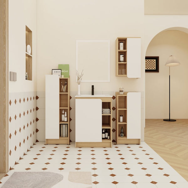 English Elm 4-piece Light Oak Bathroom Set with Ceramic Sink and Dual-tone Storage Cabinets W3450S00112