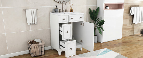 English Elm 24-Inch Bathroom Vanity Cabinet with Ceramic Sink, Space-Saving Storage, Solid Wood Feet, Durable Finish White WF532034AAK