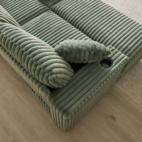 English Elm 84Inch Corduroy sofa with deep seats, 3 back pillows, 2 toss pillows, ottomans, cup grooves, storage Army Green W834S00355