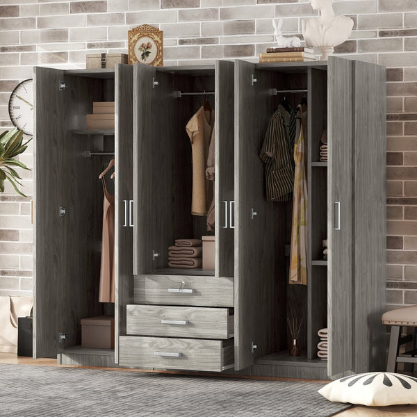 English Elm 6-doors Mdf Wardrobe with Large Drawers Streamlined Bedroom Storage Modern Design Gray N820000010E