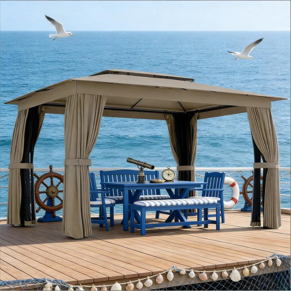 English Elm Double-roof Steel Gazebo with Upf Canopy Curtains and Mesh Panels for Outdoor Privacy Black,Dark Gray,Khaki T3971P459103