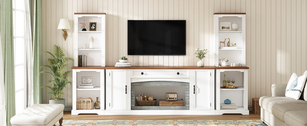 English Elm 3-piece Farmhouse Entertainment Center with Curved Cabinets Walnut Mdf Modular Living Room White N721S000068K