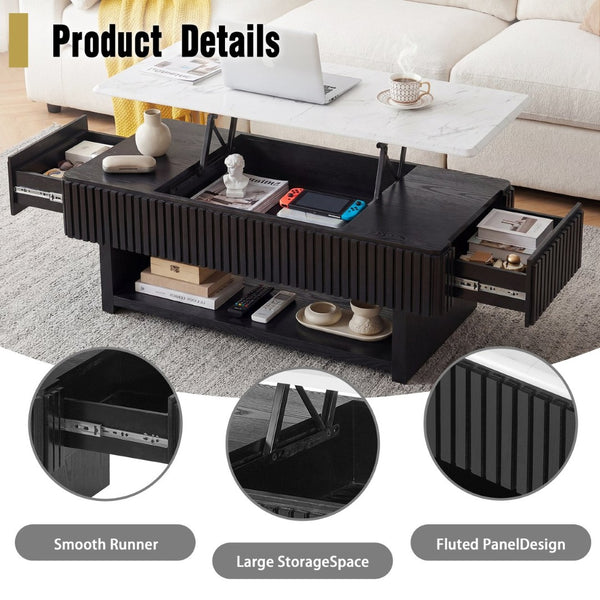 English Elm 46.5" Lift Top Coffee Table Fluted Frame Marble Pattern Hidden Storage Modern Living W5278P458348
