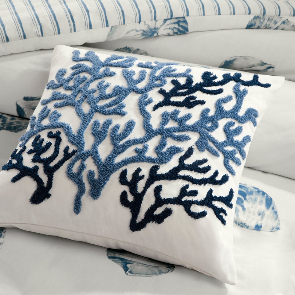 JLA Home Harbor House Blue - Decorative Beach House Embroidered Coral Pillow in Brushed Cotton Twill, OEKO‑TEX Certified Coastal Accent HH30-272
