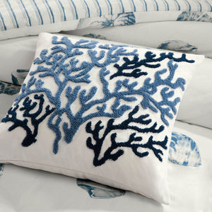 JLA Home Harbor House Blue - Decorative Beach House Embroidered Coral Pillow in Brushed Cotton Twill, OEKO‑TEX Certified Coastal Accent HH30-272