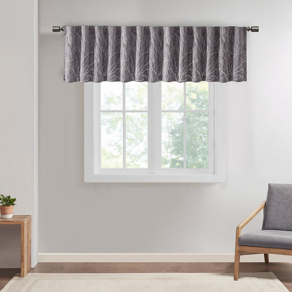 JLA Home Madison Park - Faux Embroidered Tree Branch Window Valance in Lustrous Silk-Look Fabric with Lined Privacy Drapery Grey MP41-4573