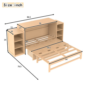 English Elm Full Golden Murphy Bed with Storage Drawers & Shelves, Space-Saving Wall Cabinet for Guests W1580S00254