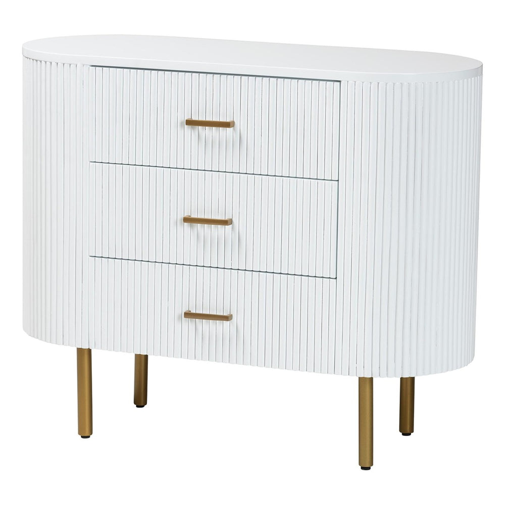 English Elm Mid-century Fluted Mindi Wood Three Drawer Dresser with Tapered Gold Legs B2750P467633