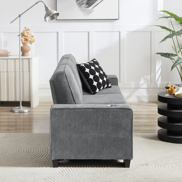 English Elm 83.86"Corduroy comfy sofa with resilient sponge & spring cushions, stylish modern 3-seater for living spaces Gray W1359P215066