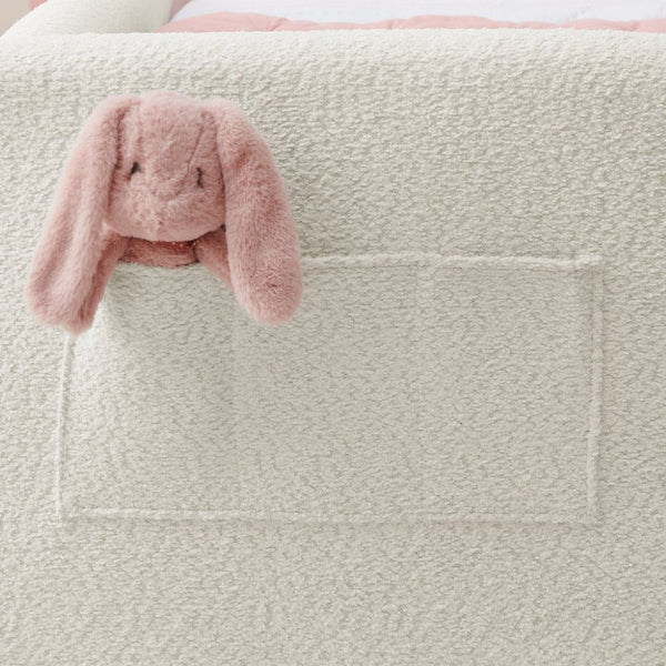 English Elm Twin Boucle Upholstered Kids Bed Whimsical Rabbit Ear Headboard with Safety Rail Beige W1413P407485