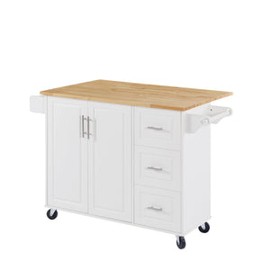 English Elm Kitchen Island Cart with Drop-Leaf Rubberwood Countertop, Rolling Tower Rack, Drawers & Spice Storage White W1820P195005