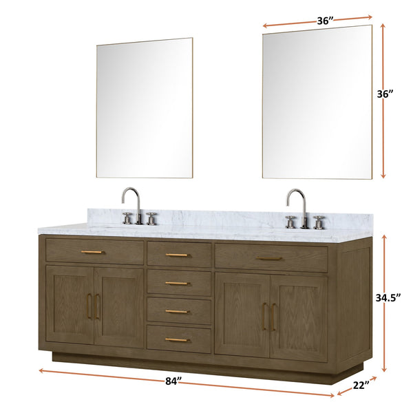 English Elm Grey Oak Double Bath Vanity With Carrara Marble Top, Chrome Faucets & Mirrors - Elegant Storage Solution B2731S01820