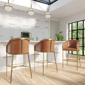 English Elm 26" Glam Counter Stool White Faux Leather Barrel Back Gold Steel Frame Kitchen Brown Pu B2751P436478