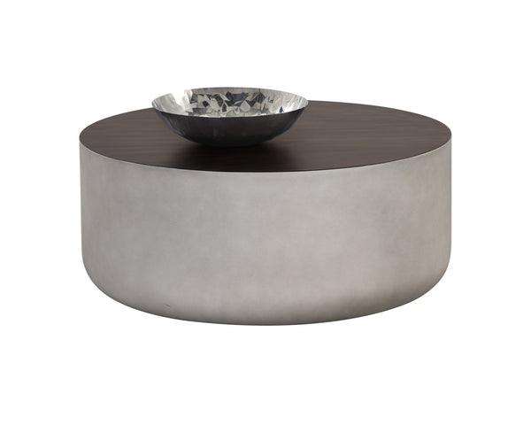 Sunpan Diaz Coffee Table - Stylish Drum Design with Unique Concrete Finish for Modern Indoor and Outdoor Spaces Grey / Wood Grain Brown
