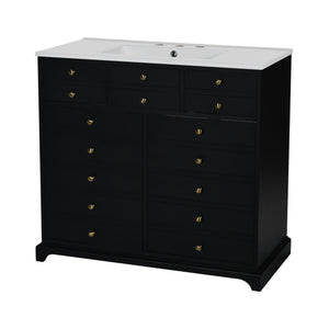 English Elm 36'' Bathroom Vanity with Ceramic Sink Combines Retro Solid Wood Frame, Soft-Close Drawers & Ample Storage Black N710P195628B