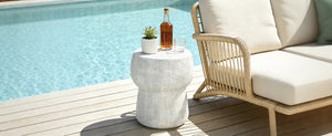English Elm U_style Outdoor Concrete Accent Table Sculptural Double Barrel Mgo Weathered Patio Stool Grey N711P422075K