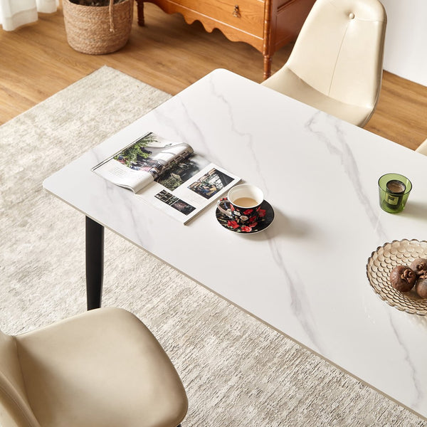 English Elm Dining 55" Rectangular White Sintered Stone Table with Porcelain-Look Top & Metal Legs, Scratch-Resistant Modern Dining Table for 4-6, Mid-Century Office-Friendly W1911S00001