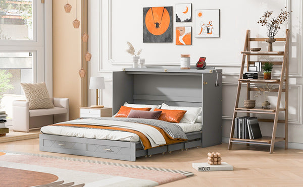English Elm Queen Murphy Wall Bed Cabinet with Storage Drawer Built-in Power Outlets Usb Ports Gray LP000400AAE