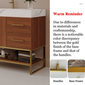 English Elm 36" Freestanding Bathroom Vanity Sintered Stone Top Integrated Basin Gold Hardware W3136S00057
